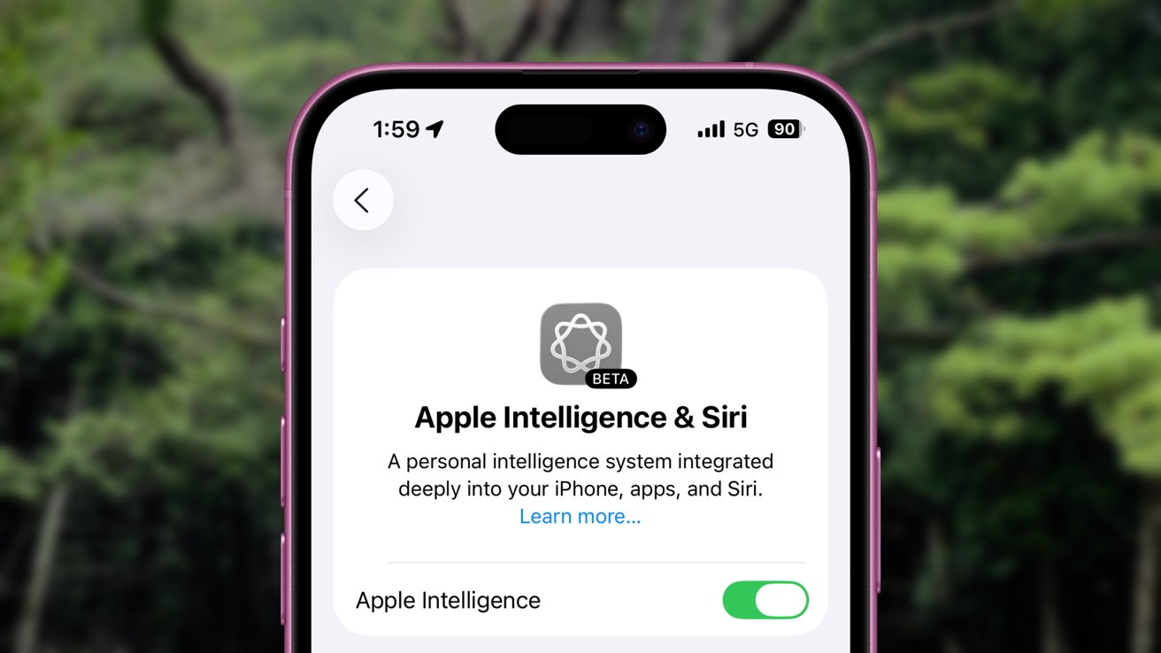 Smartphone screen displaying 'Apple Intelligence and Siri' beta description, integration with iPhone, apps, and Siri, with 'Learn more' link and a toggle switch for activation.