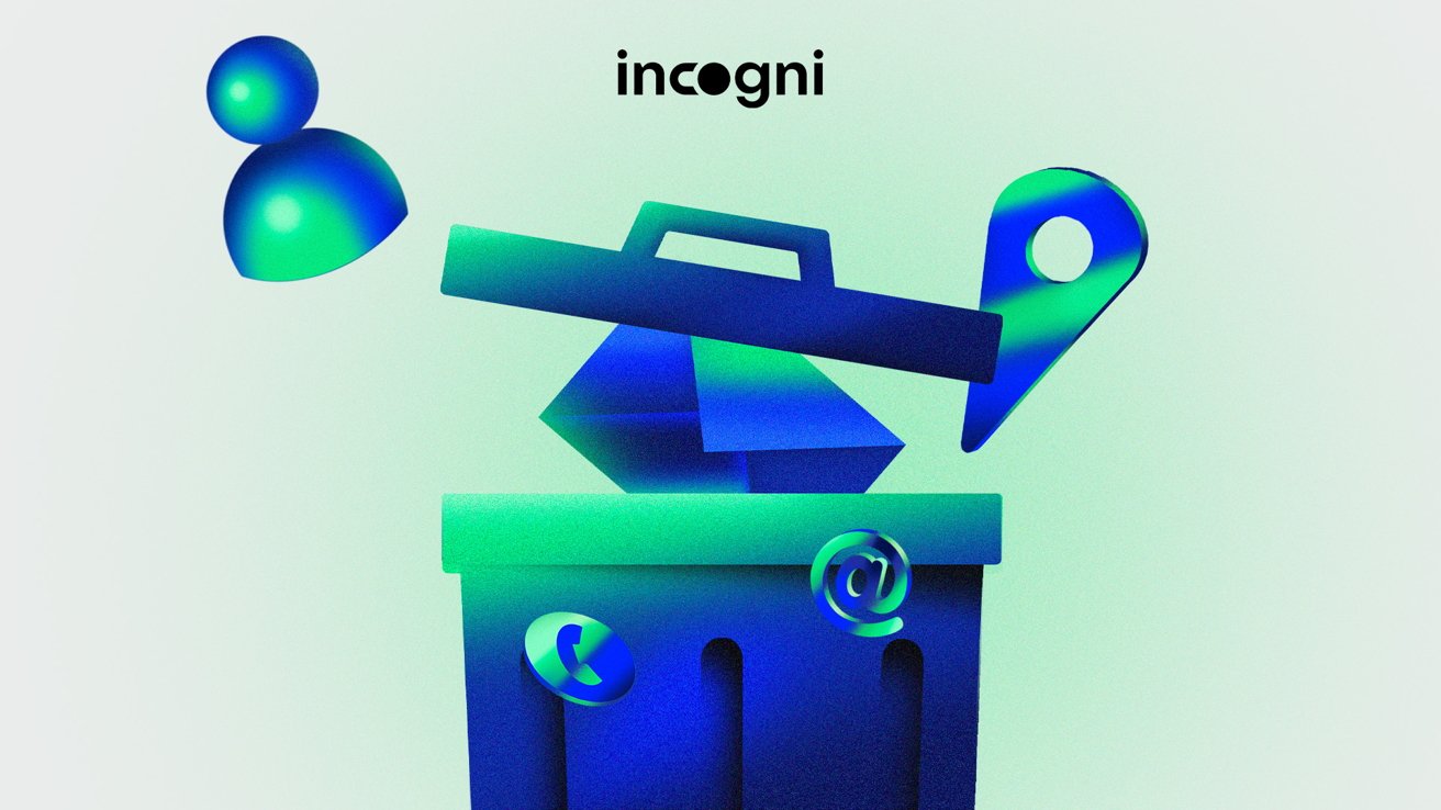 Blue and green waste can with an open lid containing symbols such as a phone, with a mark and a map pin. The person's icon and the word 