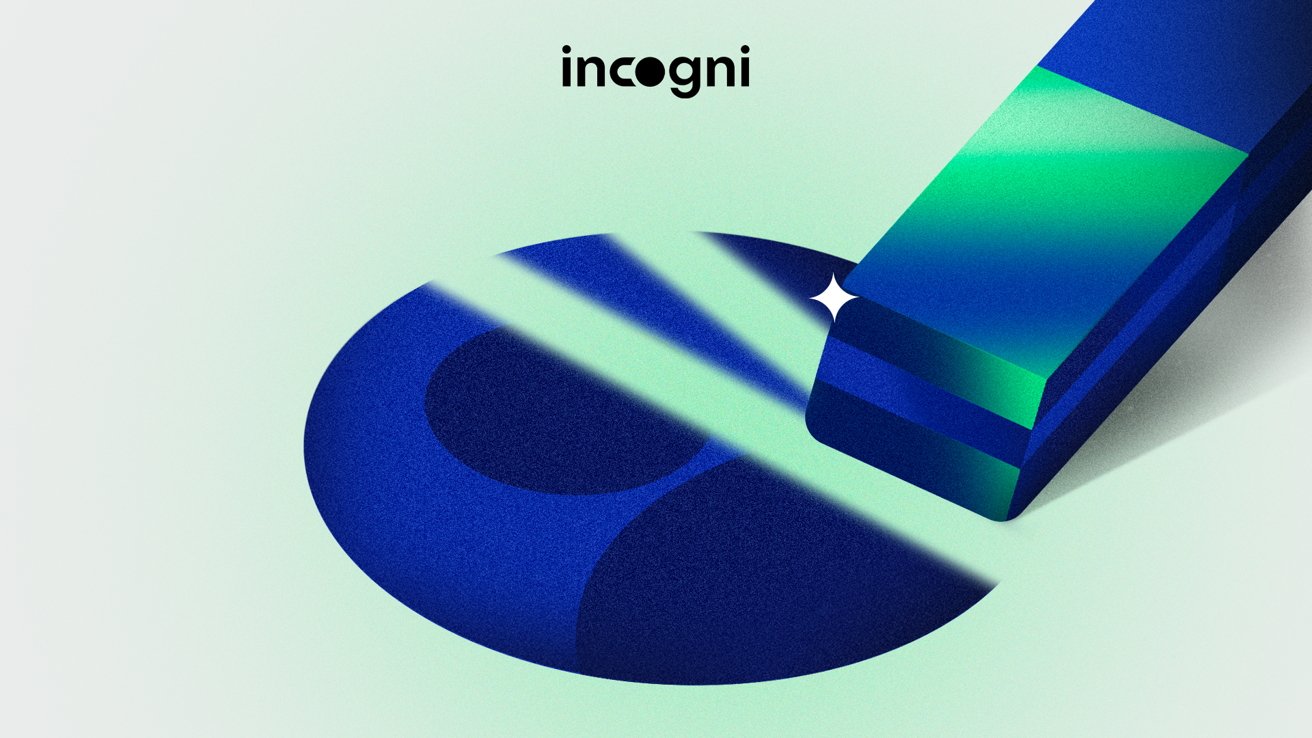 Blue and green abstract eraser erasing a dark blue circular shape, with a star-shaped sparkle and the word incogni above.