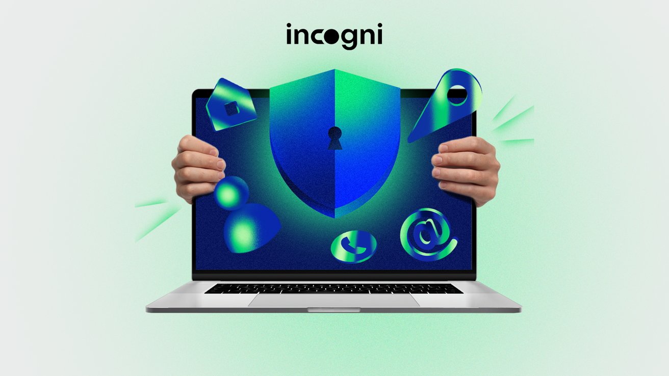 The laptop screen with your hands that holds it shows the shield and digital icons, including the AE -mail phone symbol, under the word incogni on the light green background.