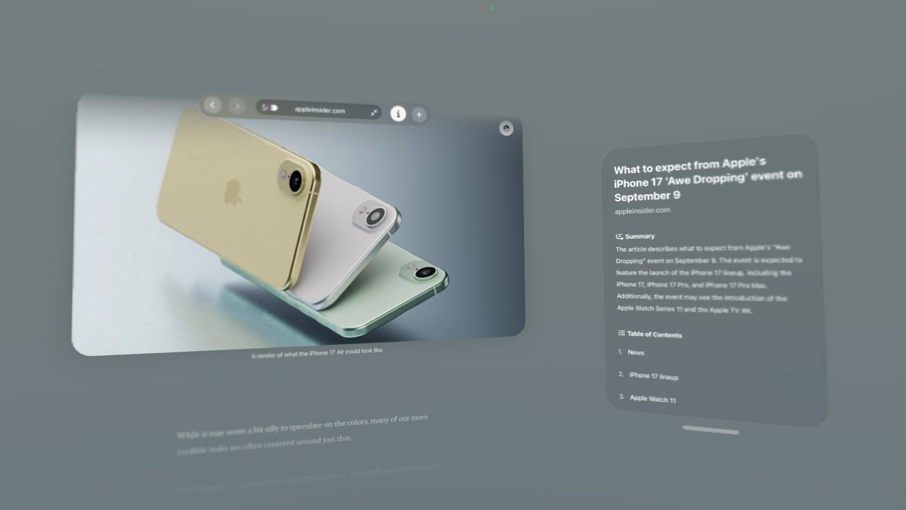 Three stacked smartphones in gold, silver, and green. Nearby, an article preview titled 'What to expect from Apple's iPhone 17...' with a summary and table of contents.