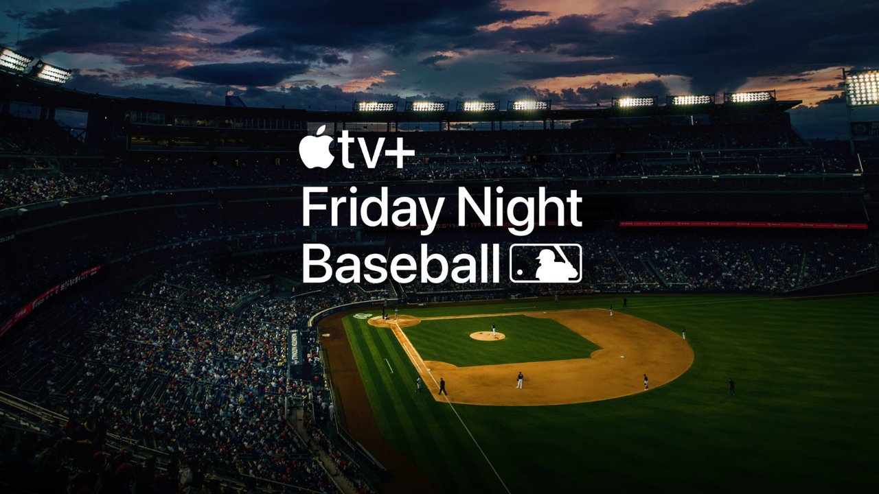 Stadium view at dusk with a baseball field, crowd, and text 'Apple TV+ Friday Night Baseball' overlaid.