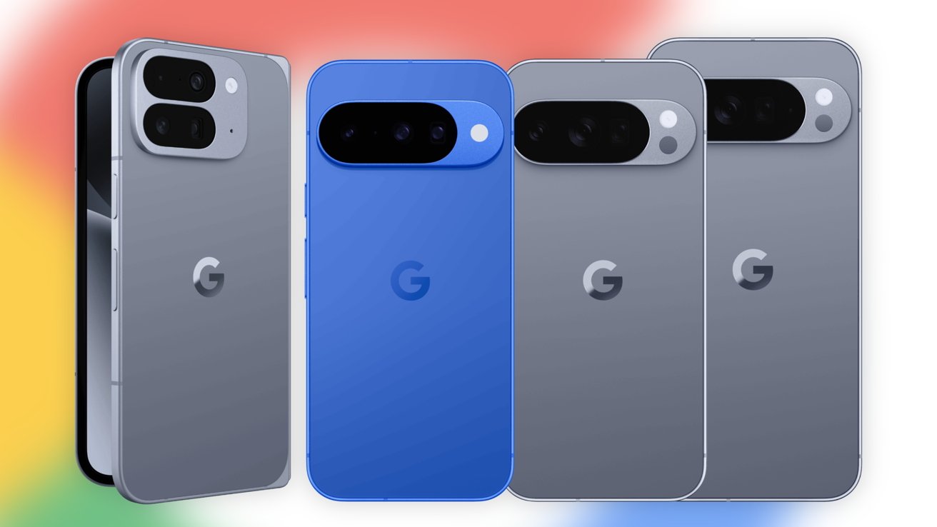 Four Google smartphones with sleek designs, three in gray and one in blue, are displayed against a colorful background.