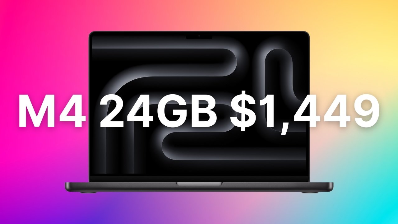 MacBook Pro laptop overlaid with text M4 24GB $1,449. Background has a gradient of pink, blue, and yellow.