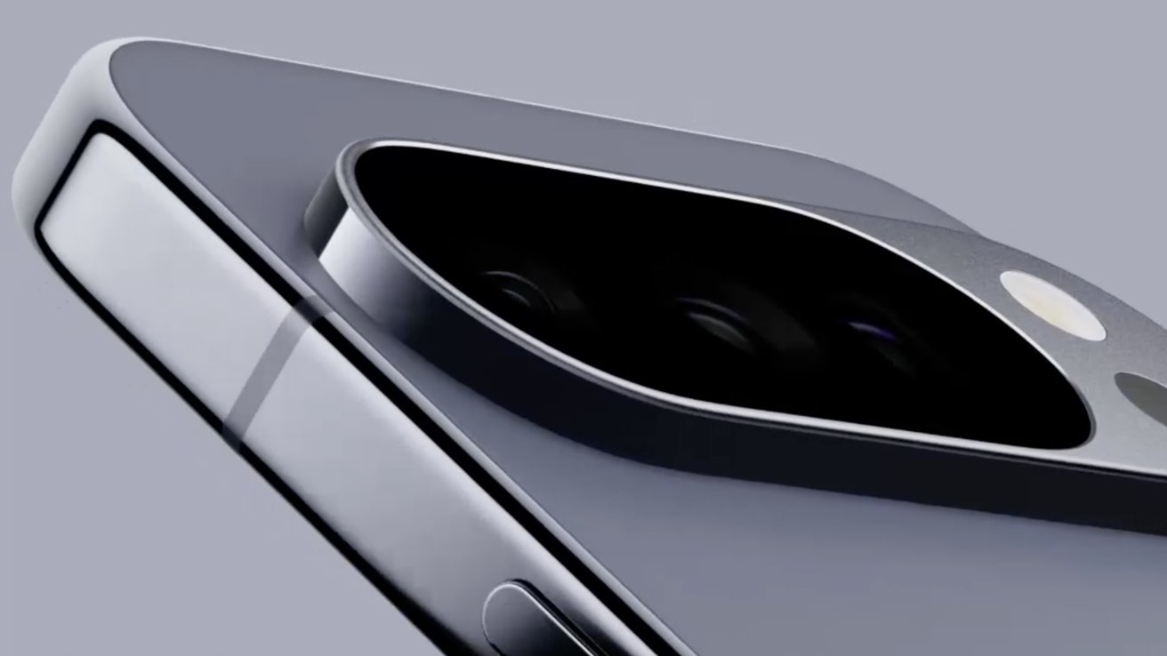 Close-up of a sleek smartphone corner featuring a triple camera module with a metallic frame against a neutral background.