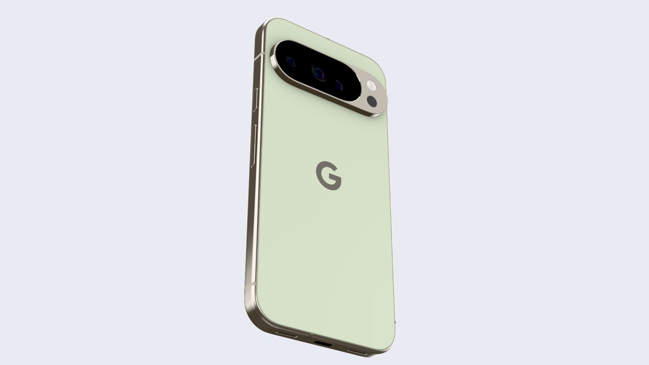 A sleek smartphone with a green back, featuring a Google logo and a black oval camera module on the upper part.