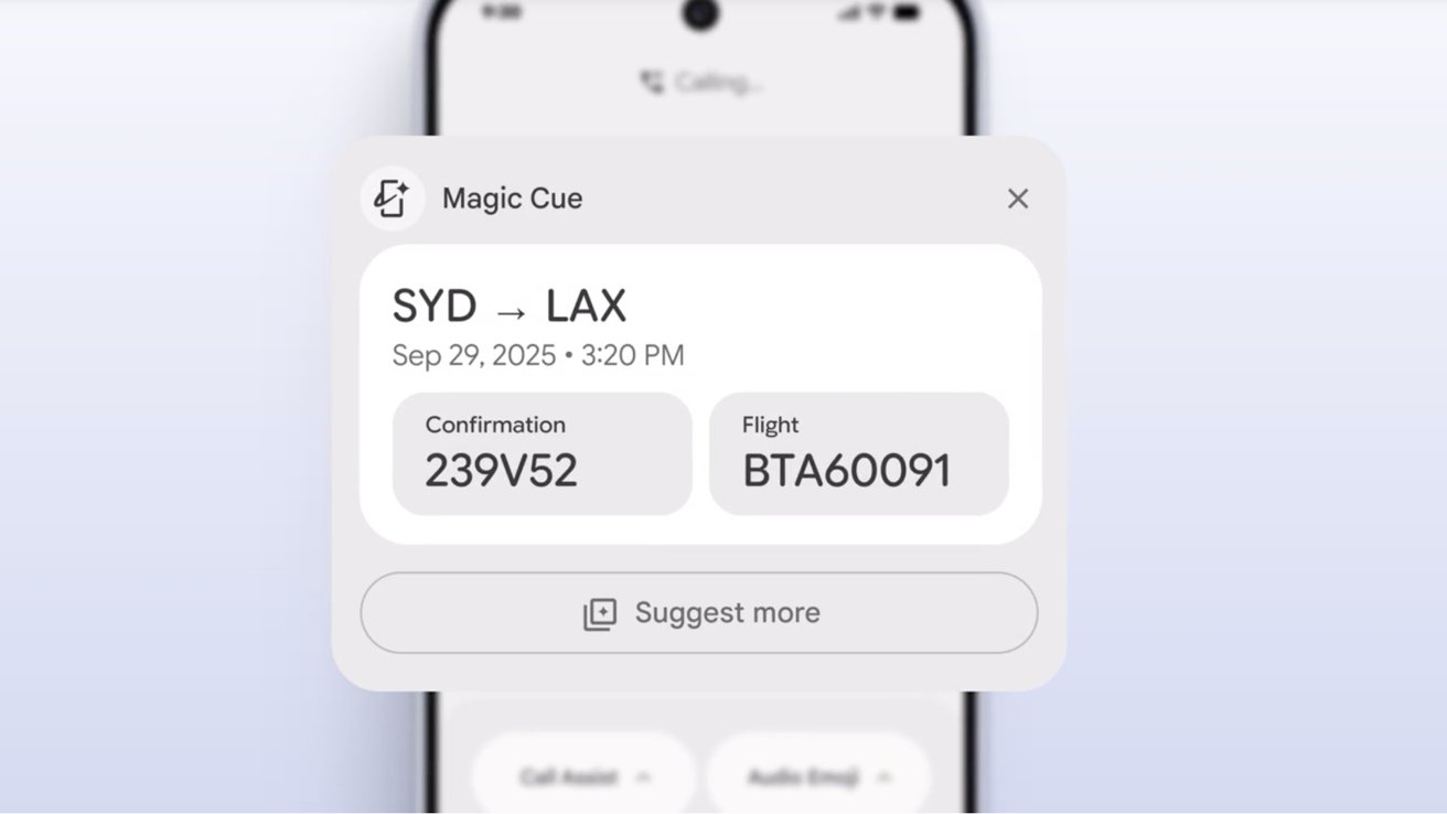 Flight details from Sydney to Los Angeles, departing September 29, 2025, at 3:20 PM. Confirmation code 239V52 and flight number BTA60091. Magic Cue notification on smartphone screen.