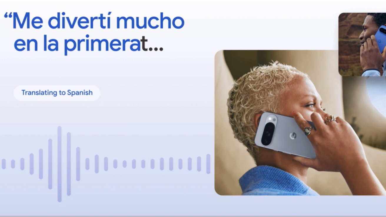 Person with short blonde hair holds a smartphone to their ear. Spanish text and soundwaves appear, indicating voice translation.