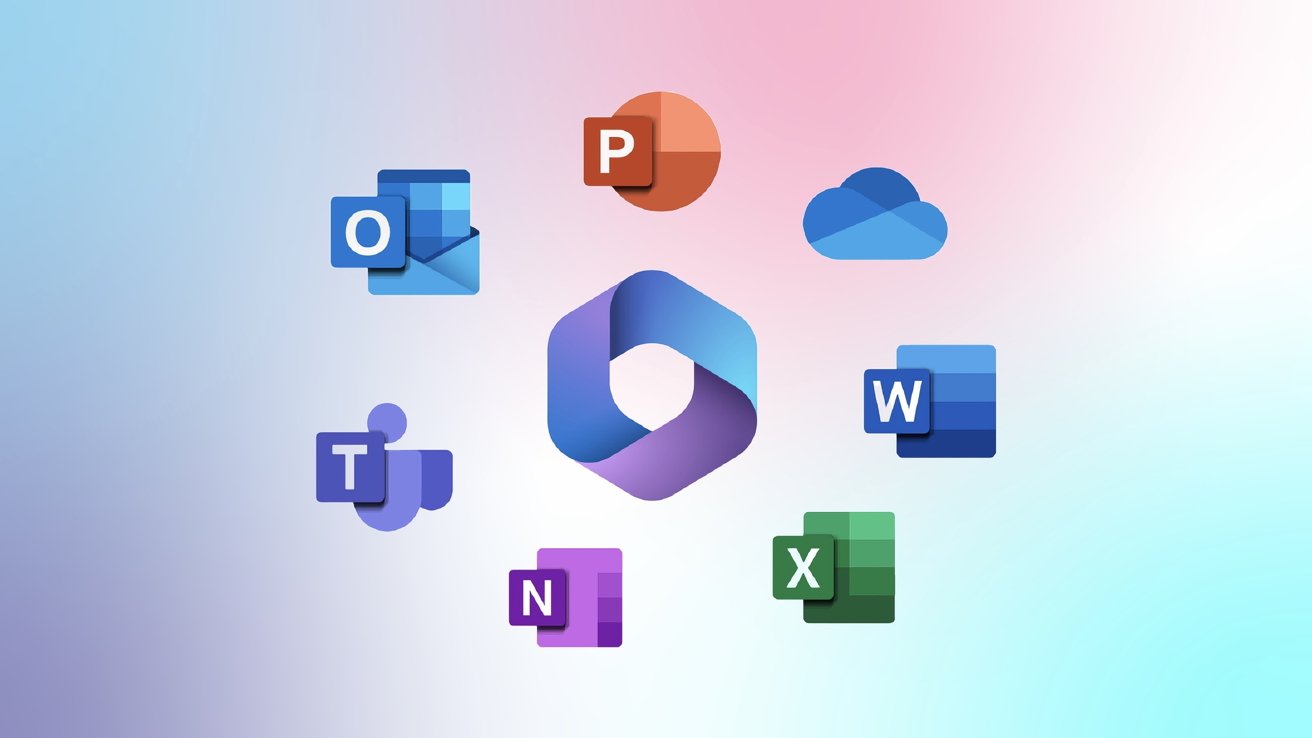 Icons of Microsoft applications including Outlook, PowerPoint, OneDrive, Teams, OneNote, Excel, and Word arranged around the new Microsoft 365 logo on a gradient background.