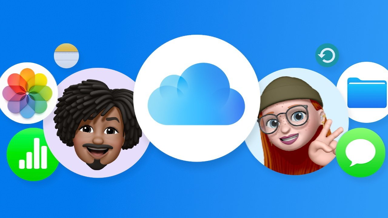 Colorful app icons, including a cloud, photos, folder, and messages, are displayed alongside two cartoon characters on a blue background.