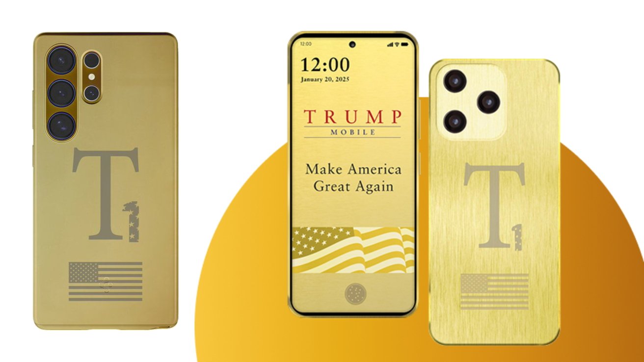Three gold smartphones feature 'T1' branding, American flags, and the slogan 'Make America Great Again' with the date January 20, 2025, displayed on the central phone screen.