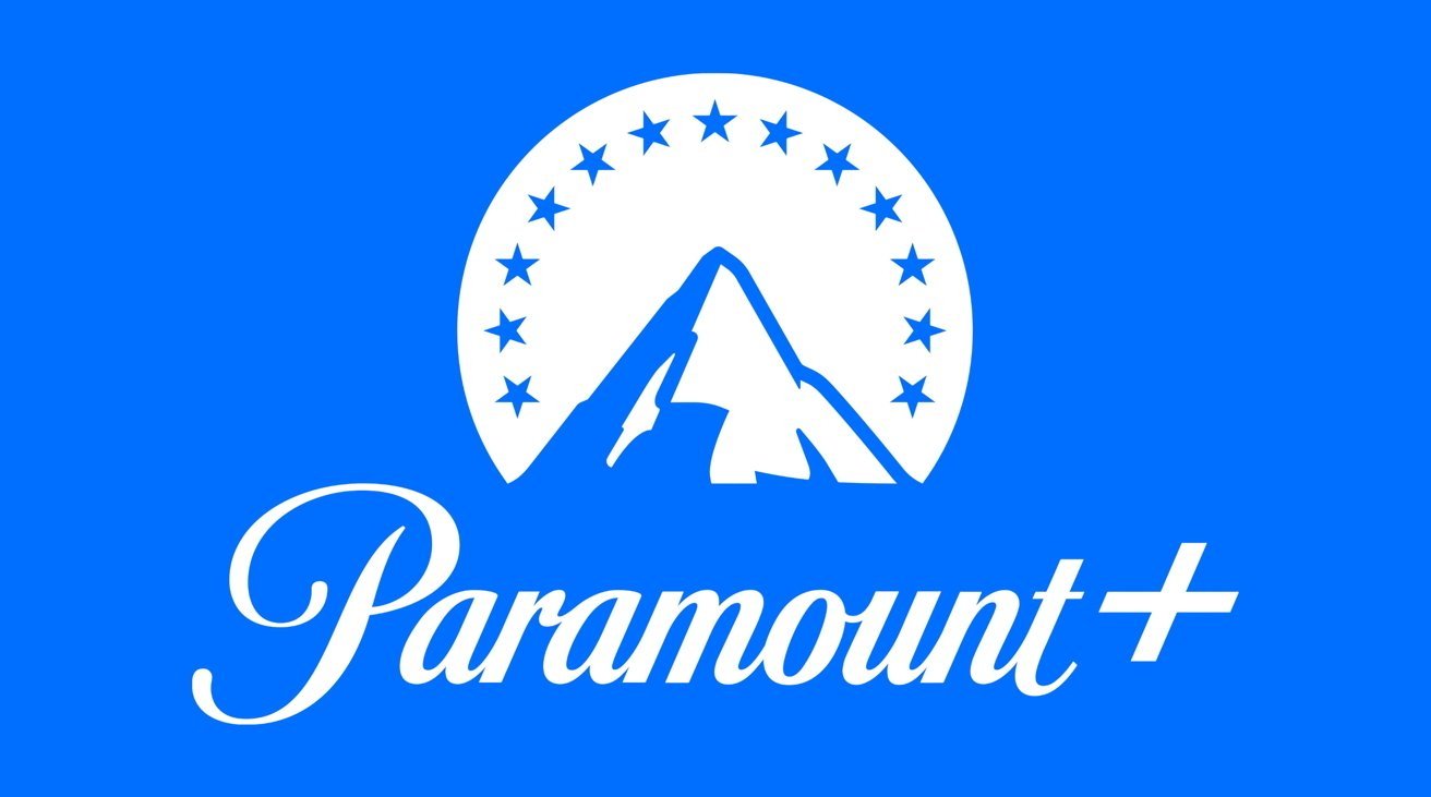 Mountain silhouette inside circle of stars, blue background, with the word Paramount plus sign in white, stylized script.