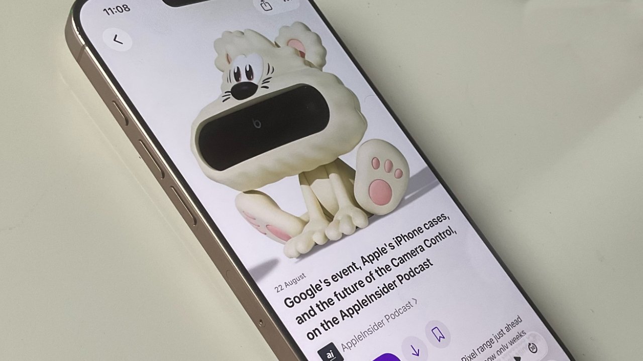 Smartphone displaying a podcast episode on screen with a cartoon character resembling a fluffy creature with large eyes and pink paws partially covering the content.