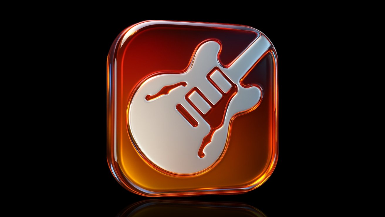 3D glossy app icon featuring a stylized guitar, set against a black background with a red-orange gradient border.