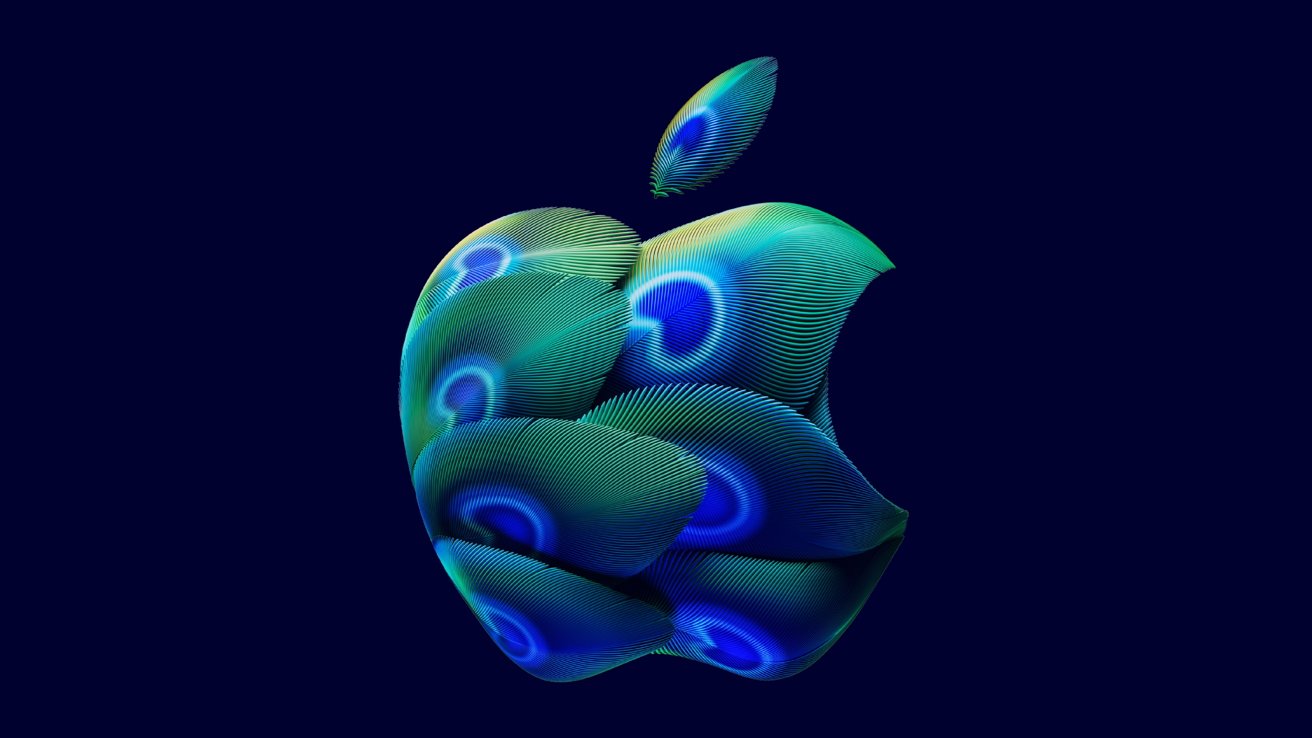 Colorful peacock feathers form a stylized bitten apple logo on a dark blue background.