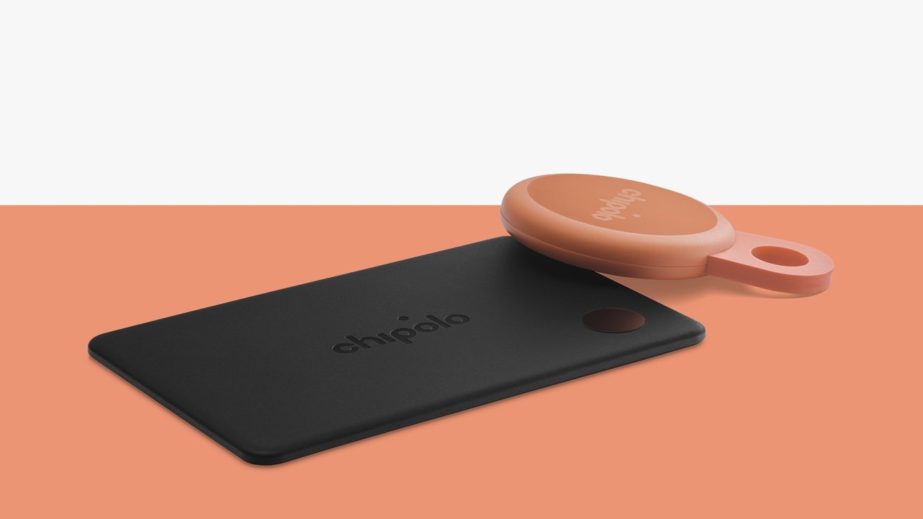 A black rectangular tracker labeled 'chipolo' alongside a peach oval-shaped tracker with a keyring hole, on a peach background.