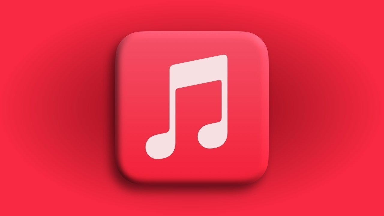 Red background with a pink app icon featuring a white musical note.