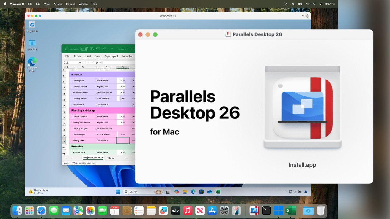 Parallels Desktop 26 for Mac installation window over a Windows 11 virtual machine screen, featuring a project schedule spreadsheet.