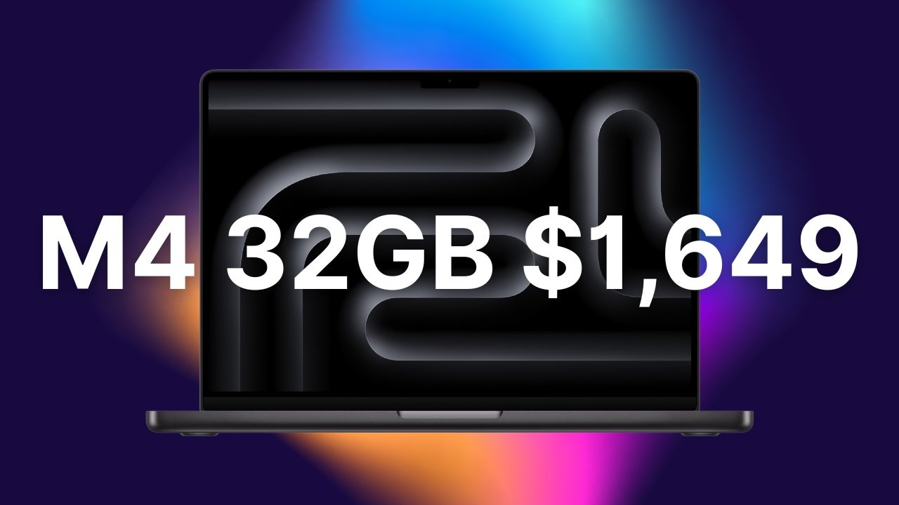 M4 MacBook Pro in Space Black with bold white text reading M4 32GB $1,649, with a colorful glowing background.