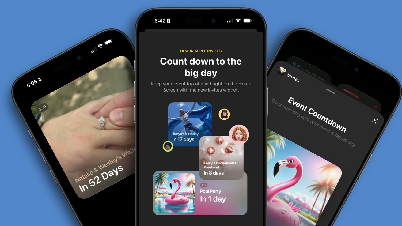 Three smartphones on a blue background display various event countdowns: wedding, birthday, bachelorette weekend, and pool party, with graphics, photos, and a central 'Count down to the big day' message.