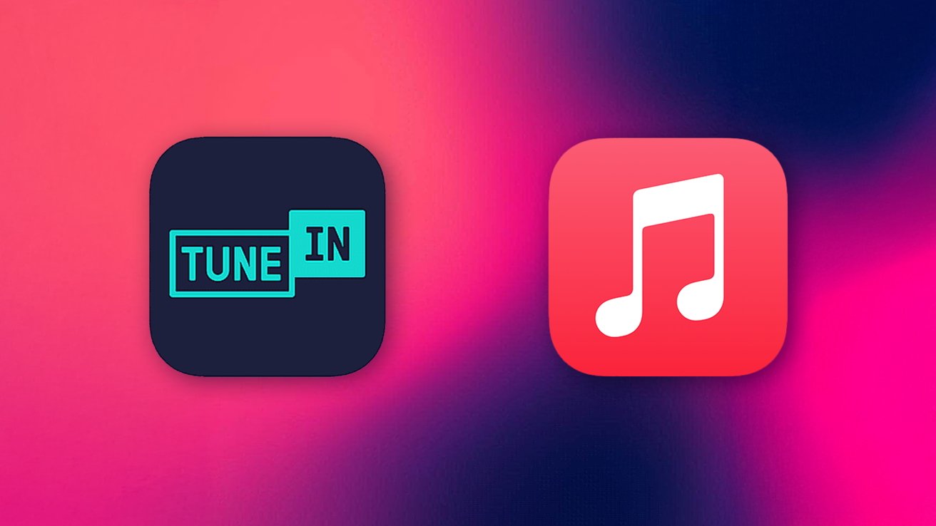 Two app icons on a vibrant pink and purple gradient background, one with 'Tune In,' the other with a white music note.