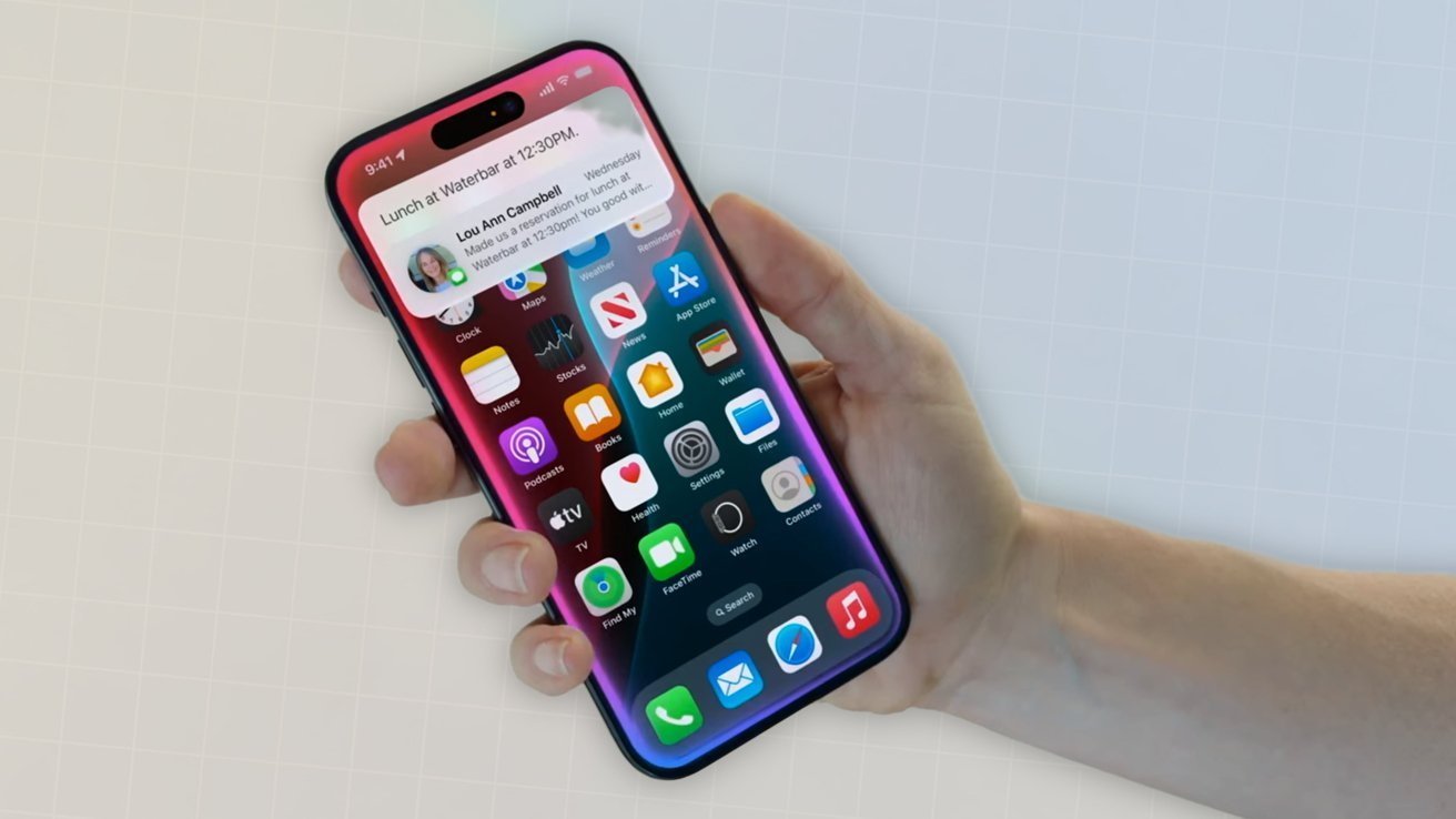 Hand holding a smartphone with various app icons on the screen, including notification for lunch reservation at 12:30 PM at Waterbar.