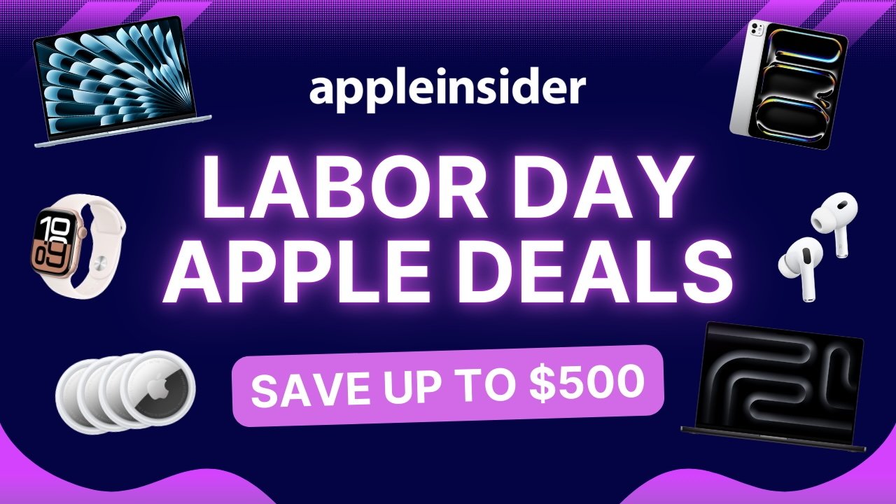 Labor Day Apple deals advertisement showing various Apple products, like laptops, smartwatch, AirPods, with a message to save up to $500, featuring a vibrant purple background.