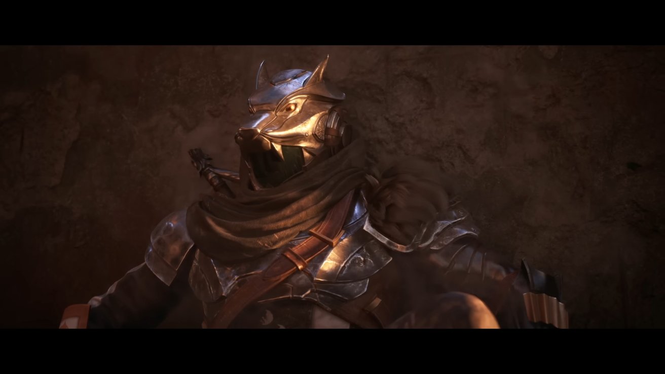 Armored warrior with a wolf-themed helmet sits against a stone wall, wearing a scarf and cross-body strap, bathed in soft, warm light.