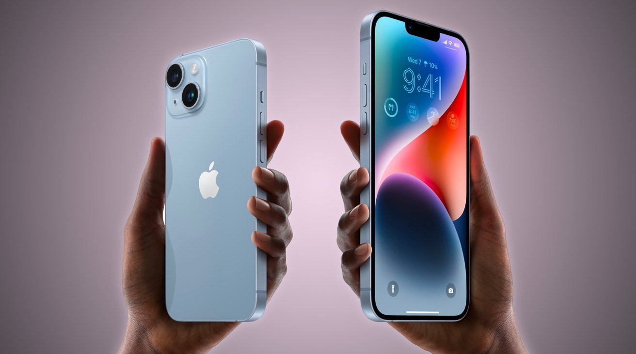 Two hands hold smartphones; left shows blue back with Apple logo, right shows front with colorful screen and time 9:41.