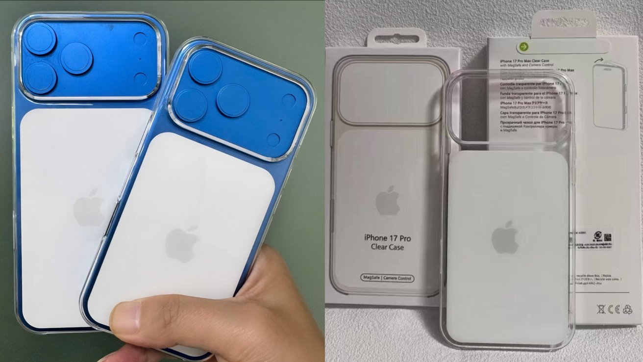 Two clear iPhone cases with blue camera covers are shown, featuring Apple's logo. Packaging on the right displays the words 'iPhone 17 Pro Clear Case' with MagSafe and Camera Control.