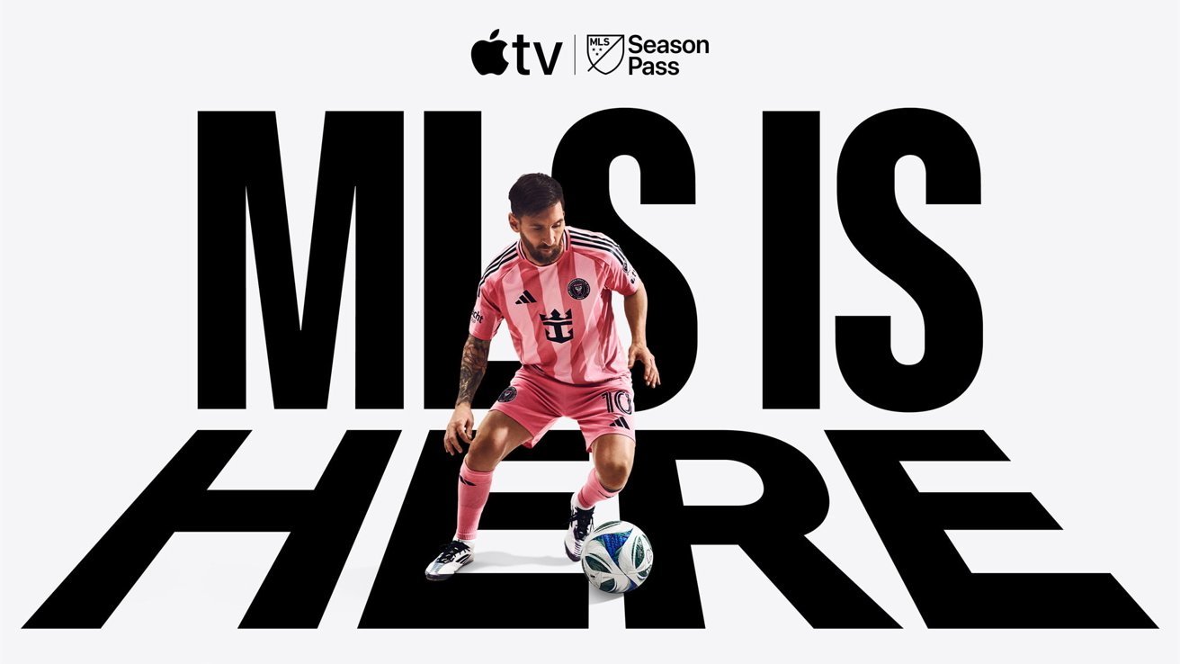 Soccer player in a pink uniform dribbles a ball over large text reading MLS IS HERE, featuring Apple TV and MLS Season Pass logos above.