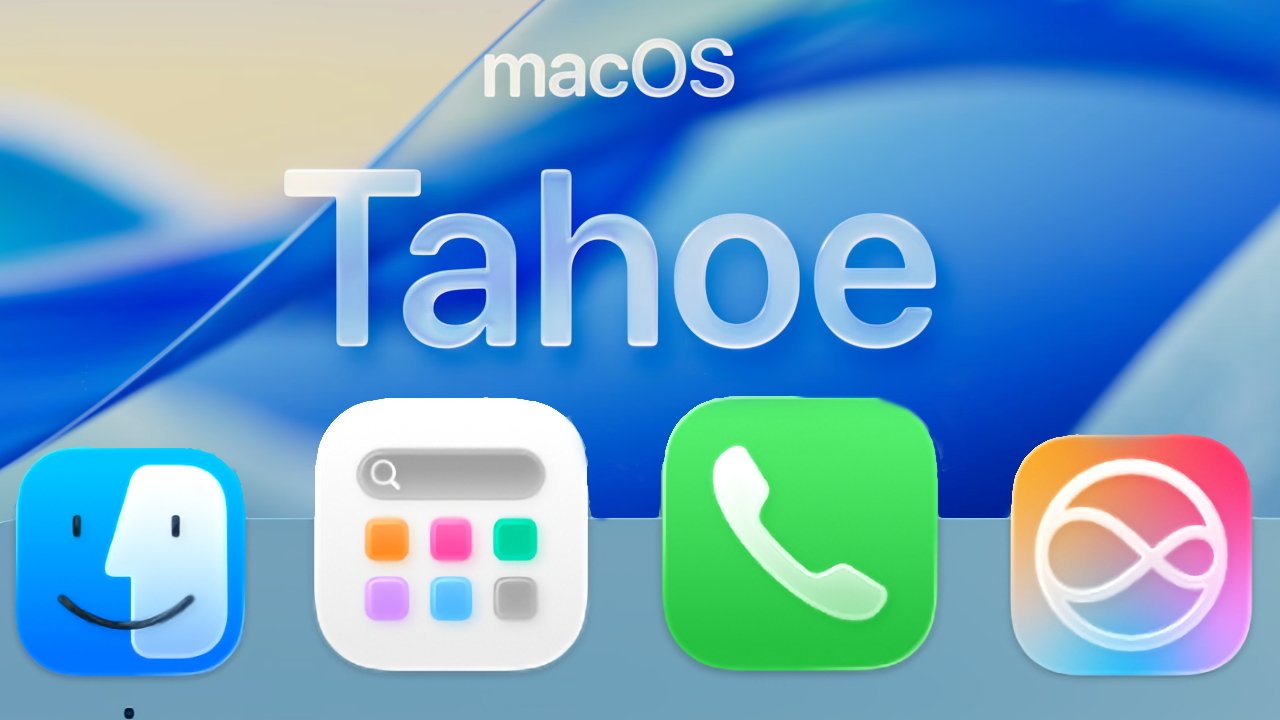 macOS Tahoe text with blurred blue background and four app icons: Finder, Launchpad, Phone, and Continuity.