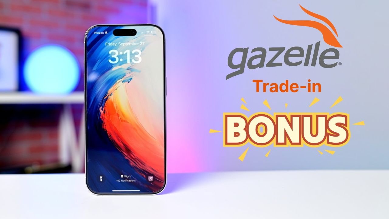iPhone with a colorful swirl design on its screen, and text reads Gazelle Trade-in Bonus on a light background.