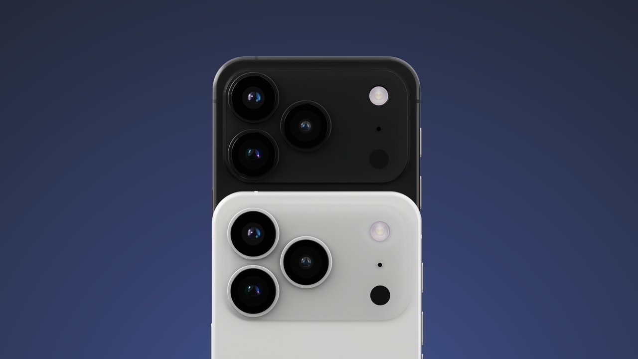 Two smartphones with triple-lens cameras, one black and one white, stacked with a dark blue gradient background.