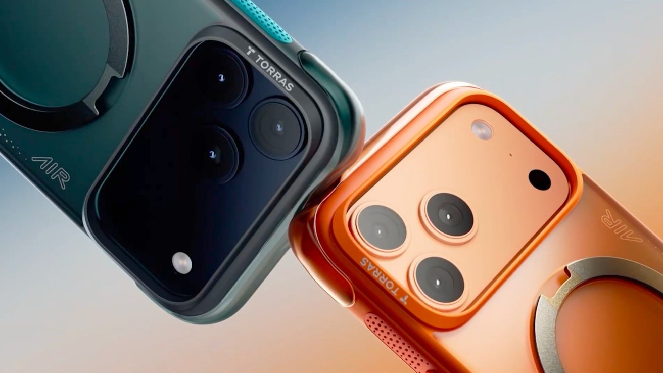 Two smartphone cases with camera cutouts, one in teal and one in orange, positioned diagonally against a gradient background.