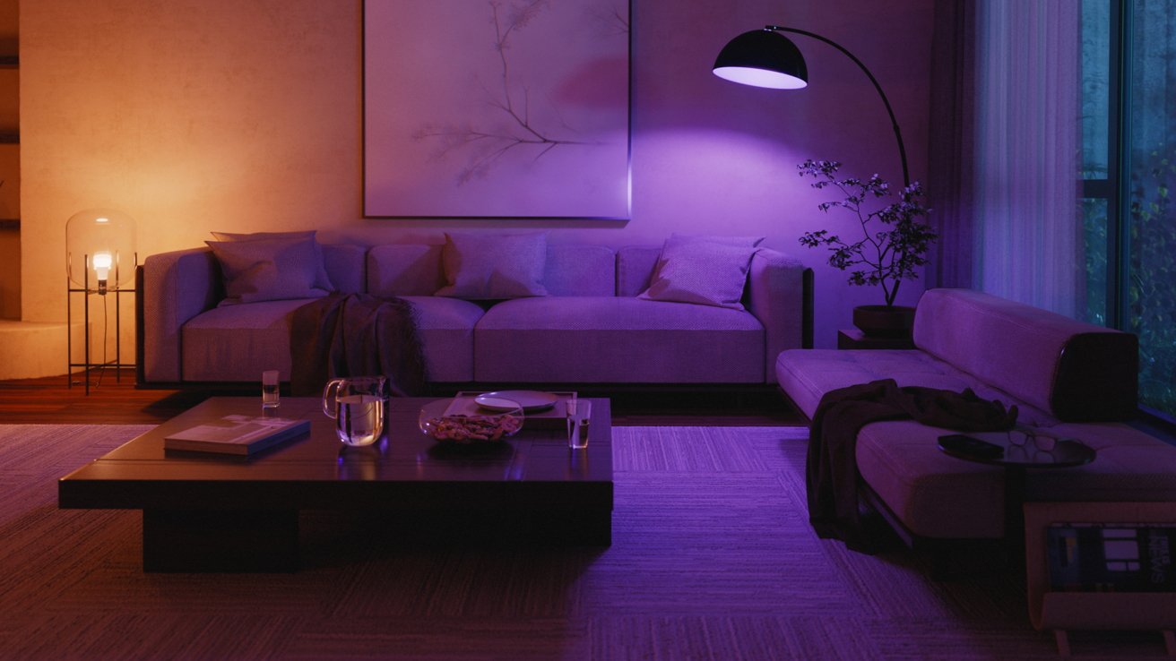Cozy living room with modern purple lighting, large sofa, coffee table and floor lamp. Abstract art hangs on the sofa. The window outside shows the weak greenery.
