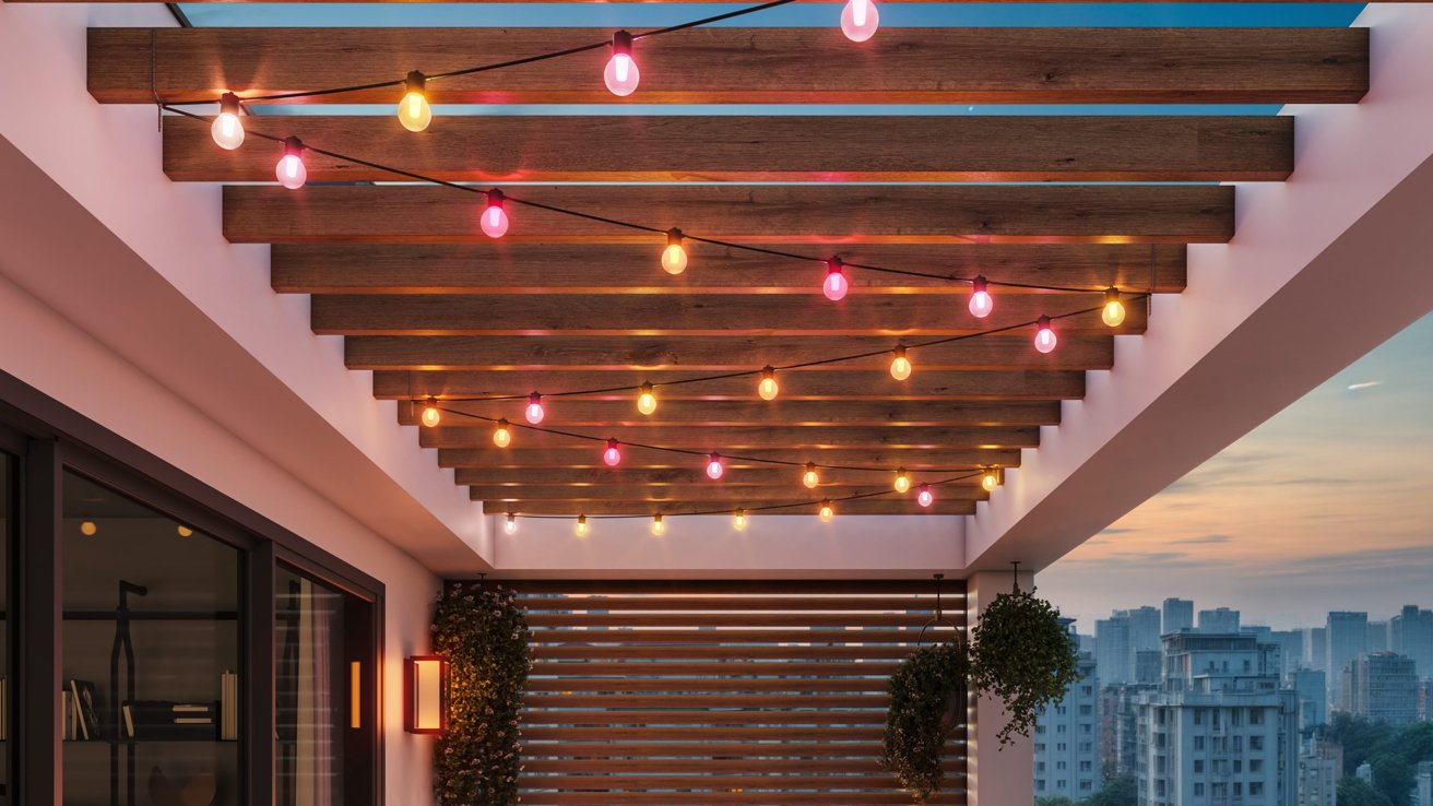 Outdoor terrace with wooden pergola, shrouded in colored string lights; City panorama visible in the background during sunset.