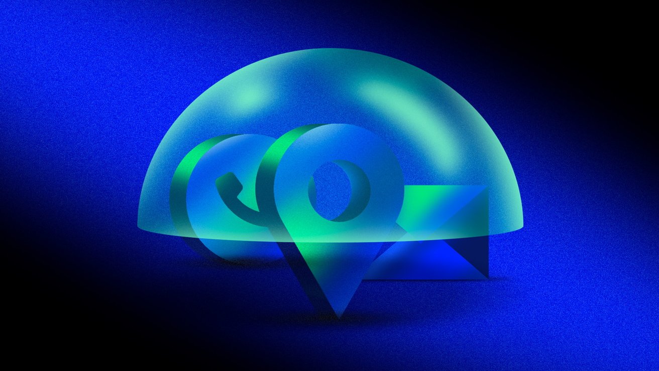 Abstract design featuring blue and green translucent shapes, including arrows, circles, and pyramids, set against a deep blue gradient background.