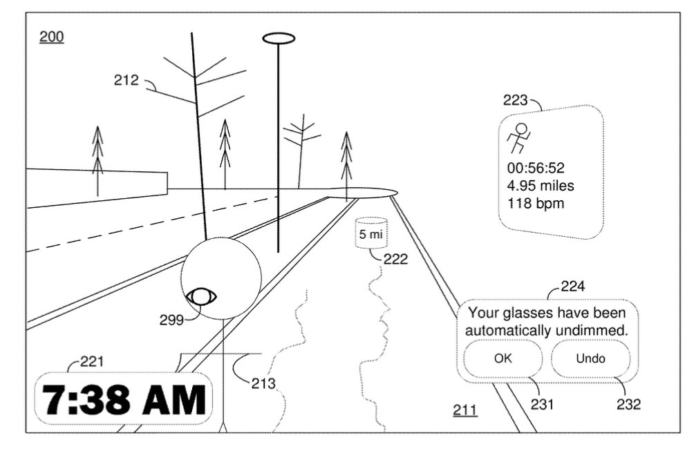 A digital interface displays a road with trees, fitness metrics, a time of 7:38 AM, and a notification about glasses being undimmed.
