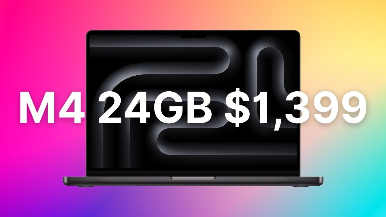 Space Black MacBook Pro with a black patterned screen against a colorful gradient background displaying text: M4 24GB $1,399.
