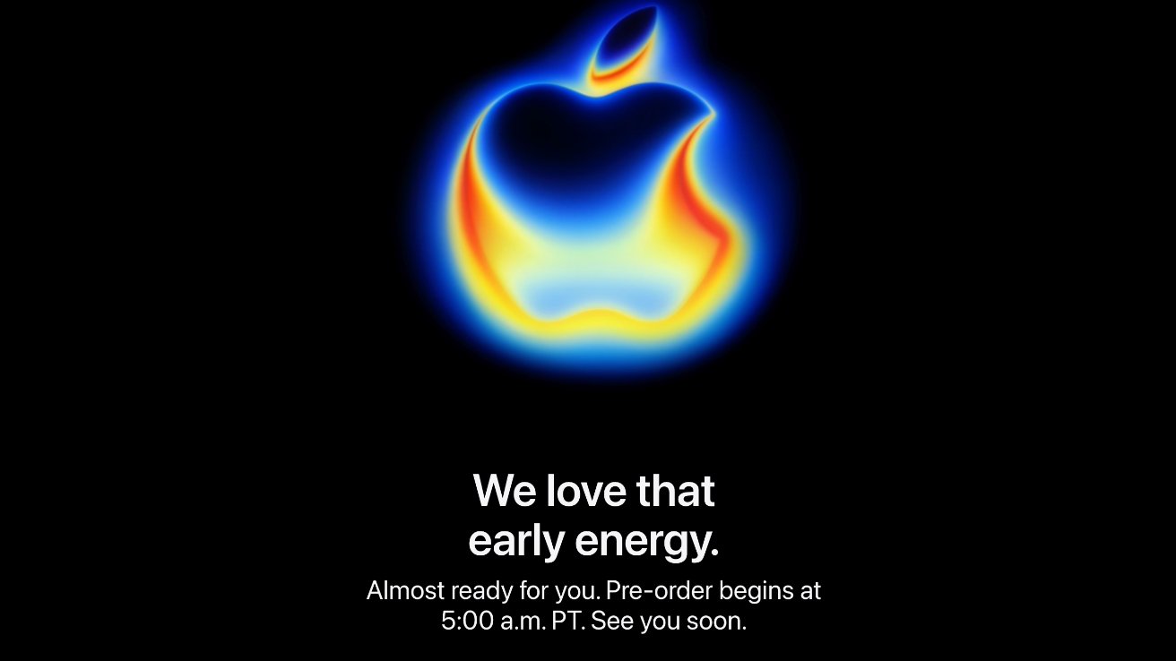Glowing thermal-like Apple logo on a black background with text about pre-orders starting at 5:00 a.m. PT.