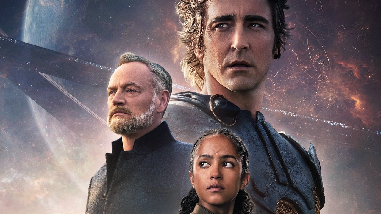Three serious-looking people in futuristic attire against a cosmic background featuring stars and swirling clouds.