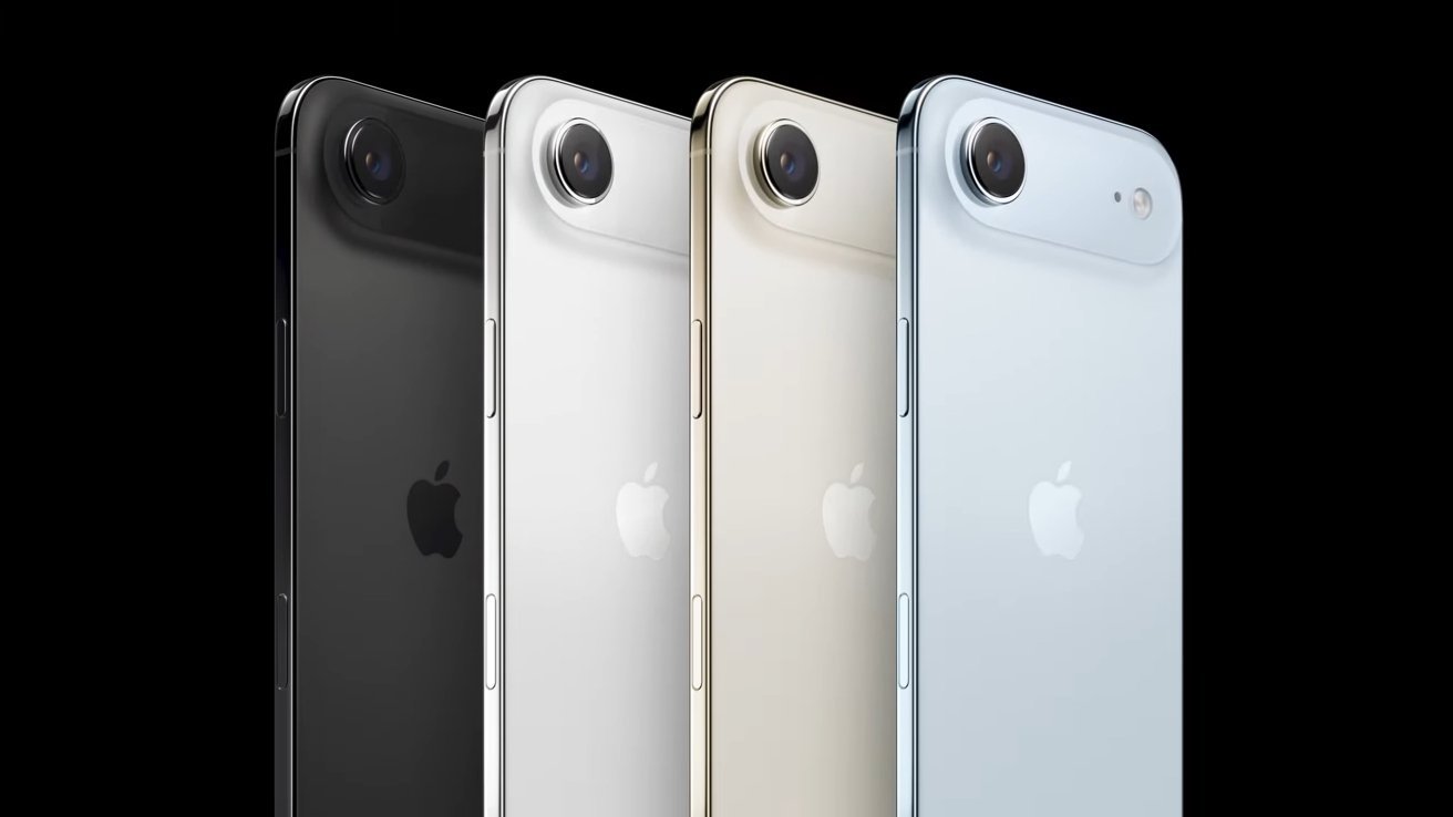 Four smartphones displayed in different colors: black, silver, gold, and light blue, each showing a rear camera and Apple logo.
