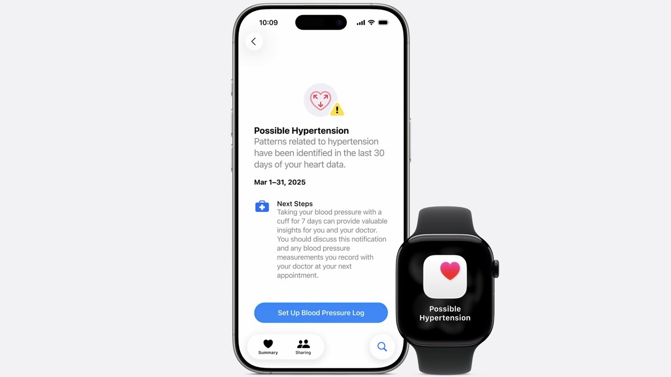 Smartphone and smartwatch displaying a health alert for possible hypertension, with advice on monitoring blood pressure and discussing with a doctor.