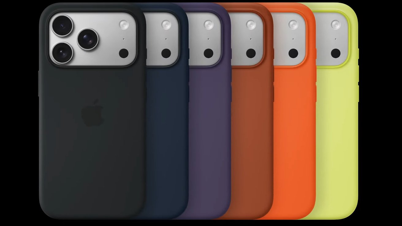Six smartphones with colorful cases in black, navy, purple, brown, orange, and yellow, featuring a three-camera setup on the back.