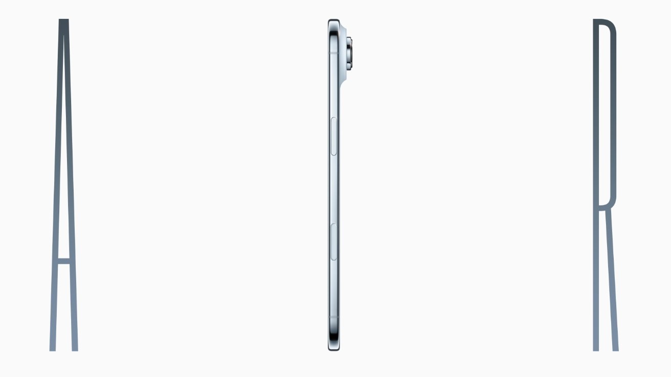 Side view of a slim smartphone with protruding camera module and minimal buttons, flanked by large serif letters A and R.