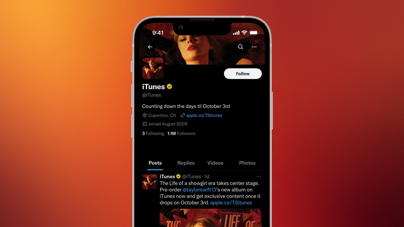 A smartphone displays an iTunes account page with a red and orange background, featuring a woman's photo and a tweet about a new album release on October 3rd.
