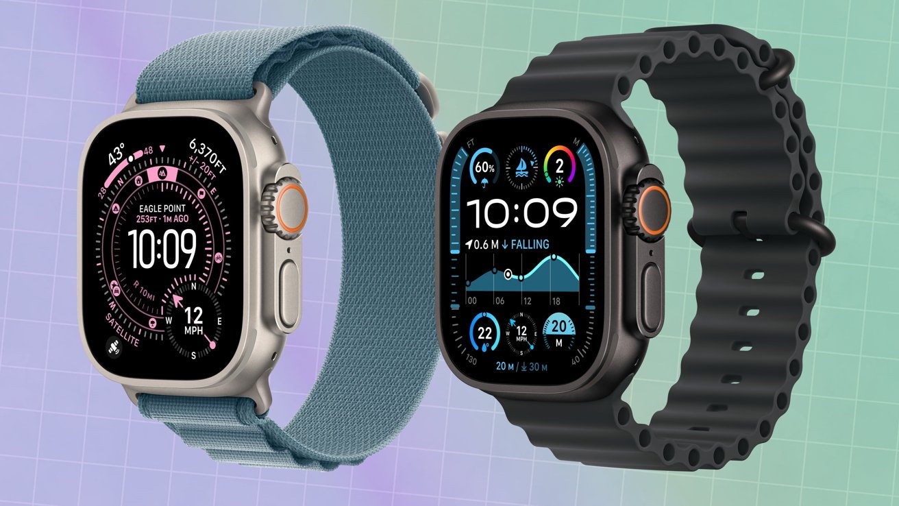 Two smartwatches with circular dials and digital displays; one has a fabric band, the other a textured rubber band, against a gradient grid background.