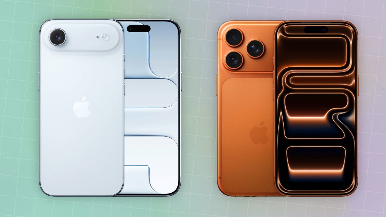 Two smartphones side-by-side against a gradient grid background. The left is white with a single camera, the right is orange with three cameras. Both display abstract patterns.