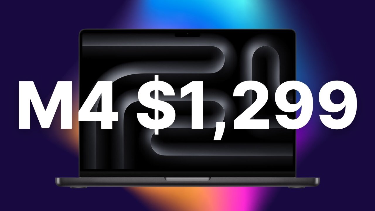 MacBook Pro with abstract screen design, large deal text saying M4 $1,299.